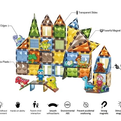 Conjunto de blocos de construção magnéticos 3D Dinosaur World, 90 peças, azulejos magnéticos, brinquedos educativos para crianças. Estimular a criatividade de meninos e meninas. Você pode criar formas 2D, 3D, alfabetos e números.