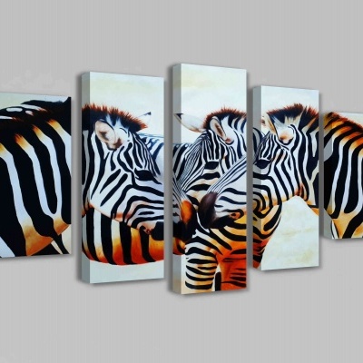 Conjunto de cinco painéis de pintura em canvas dividida de rebanho zebra. Retrato de cara de zebra africana para decoração de casa