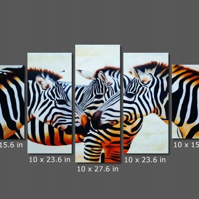 Conjunto de cinco painéis de pintura em canvas dividida de rebanho zebra. Retrato de cara de zebra africana para decoração de casa
