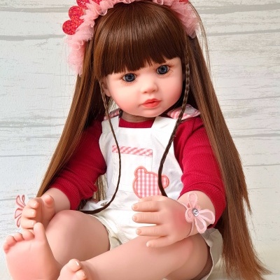 Bebé reborn com jardineiras vermelhas e brancas, Boneca para bebé, 60 cm, vinil macio, corpo em tecido, bonecas de princesa realistas e bonitas, cabelo castanho Bebé reborn com jardineiras vermelhas e brancas, Boneca para bebé, 60 cm, vinil macio, corpo em tecido, bonecas de princesa realistas e bonitas, cabelo castanho