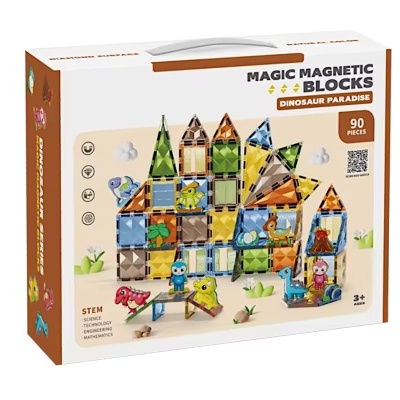 Conjunto de blocos de construção magnéticos 3D Dinosaur World, 90 peças, azulejos magnéticos, brinquedos educativos para crianças. Estimular a criatividade de meninos e meninas. Você pode criar formas 2D, 3D, alfabetos e números.
