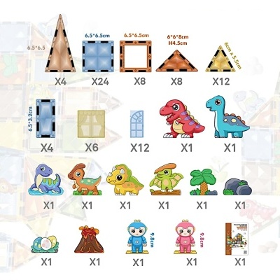 Conjunto de blocos de construção magnéticos 3D Dinosaur World, 90 peças, azulejos magnéticos, brinquedos educativos para crianças. Estimular a criatividade de meninos e meninas. Você pode criar formas 2D, 3D, alfabetos e números.