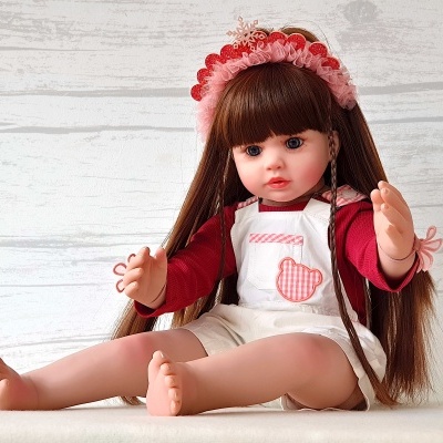 Bebé reborn com jardineiras vermelhas e brancas, Boneca para bebé, 60 cm, vinil macio, corpo em tecido, bonecas de princesa realistas e bonitas, cabelo castanho Bebé reborn com jardineiras vermelhas e brancas, Boneca para bebé, 60 cm, vinil macio, corpo em tecido, bonecas de princesa realistas e bonitas, cabelo castanho