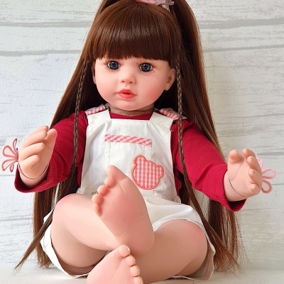 Bebé reborn com jardineiras vermelhas e brancas, Boneca para bebé, 60 cm, vinil macio, corpo em tecido, bonecas de princesa realistas e bonitas, cabelo castanho Bebé reborn com jardineiras vermelhas e brancas, Boneca para bebé, 60 cm, vinil macio, corpo em tecido, bonecas de princesa realistas e bonitas, cabelo castanho