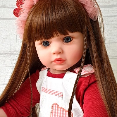 Bebé reborn com jardineiras vermelhas e brancas, Boneca para bebé, 60 cm, vinil macio, corpo em tecido, bonecas de princesa realistas e bonitas, cabelo castanho Bebé reborn com jardineiras vermelhas e brancas, Boneca para bebé, 60 cm, vinil macio, corpo em tecido, bonecas de princesa realistas e bonitas, cabelo castanho