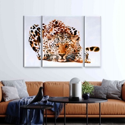 Conjunto Leopardo de três painéis de pintura em canvas para decoração de casas