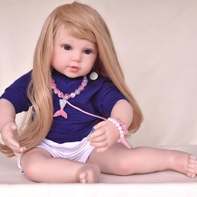 Boneca bebé reborn, boneca fofa com cabelo loiro, 58 cm, corpo em tecido de vinil macio, boneca infantil realista e realista, um presente de aniversário perfeito!