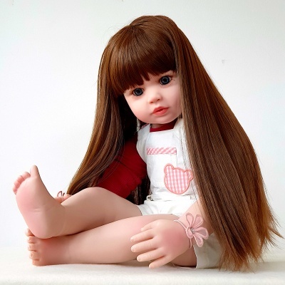 Bebé reborn com jardineiras vermelhas e brancas, Boneca para bebé, 60 cm, vinil macio, corpo em tecido, bonecas de princesa realistas e bonitas, cabelo castanho