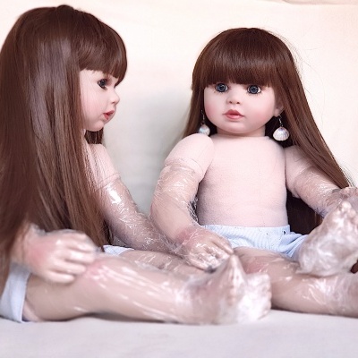 Bonecas reborn Gêmeas Realistas, 60 cm de altura, 1,5 kg cada, Cabelo Castanho Comprido, Corpo de Tecido, Vinil Macio, Presente de Aniversário