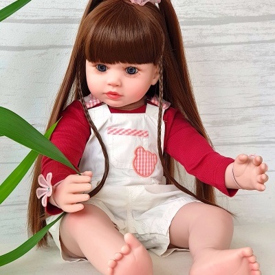 Bebé reborn com jardineiras vermelhas e brancas, Boneca para bebé, 60 cm, vinil macio, corpo em tecido, bonecas de princesa realistas e bonitas, cabelo castanho Bebé reborn com jardineiras vermelhas e brancas, Boneca para bebé, 60 cm, vinil macio, corpo em tecido, bonecas de princesa realistas e bonitas, cabelo castanho