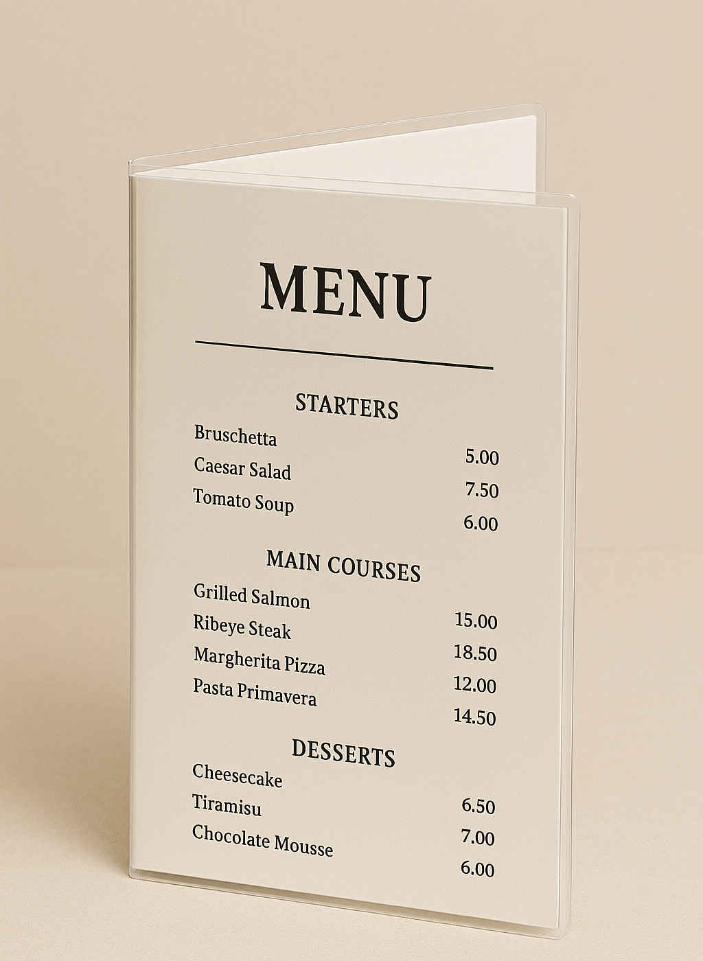 Menu A4 Dobrado ao Meio Plastificado