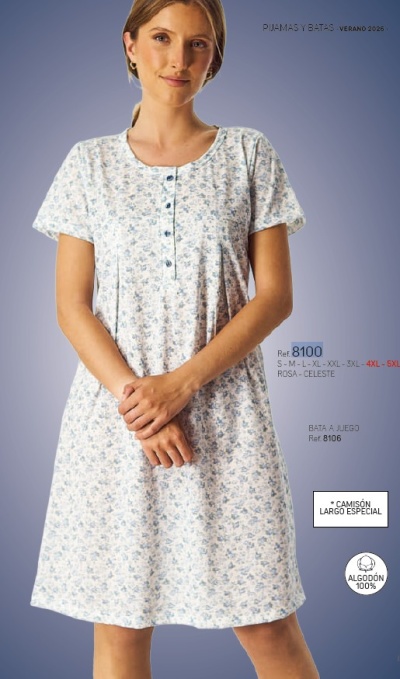 Camisa de Dormir - refª 8100 - 100% algodão - D&L (verão 2026)