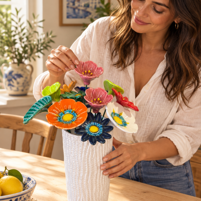 Jarra redonda alta com 9 flores