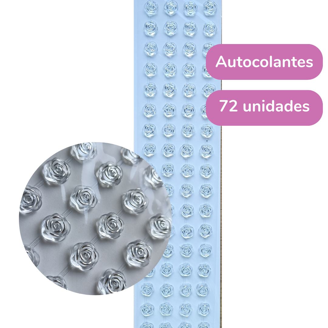 Cartela de Adesivos Mini Rosa Transparente com Fio Prateado (10mm)