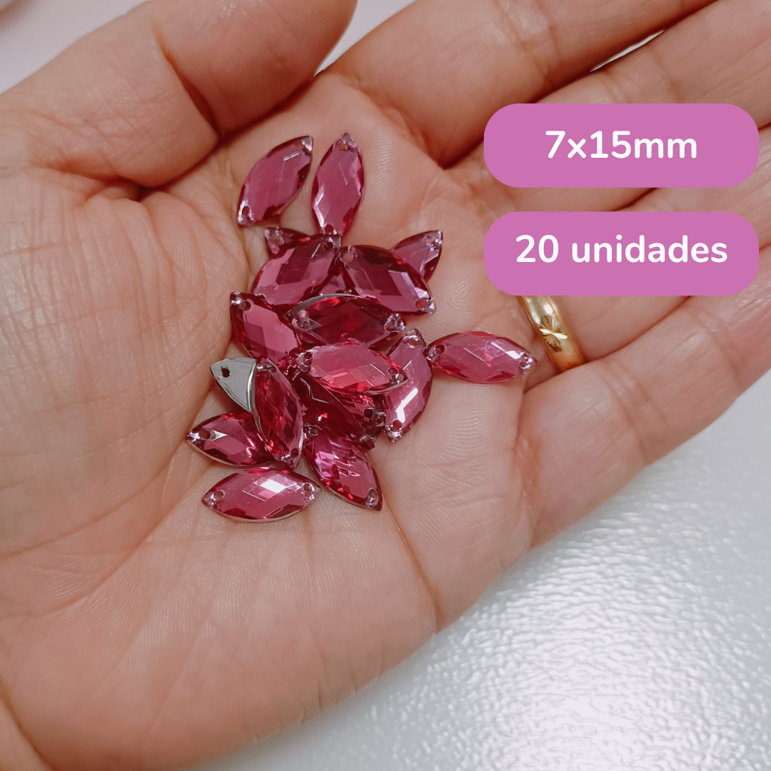 Aplique Strass de Cristal - Formato de Olho de Cavalo (7x15mm) - Rosa