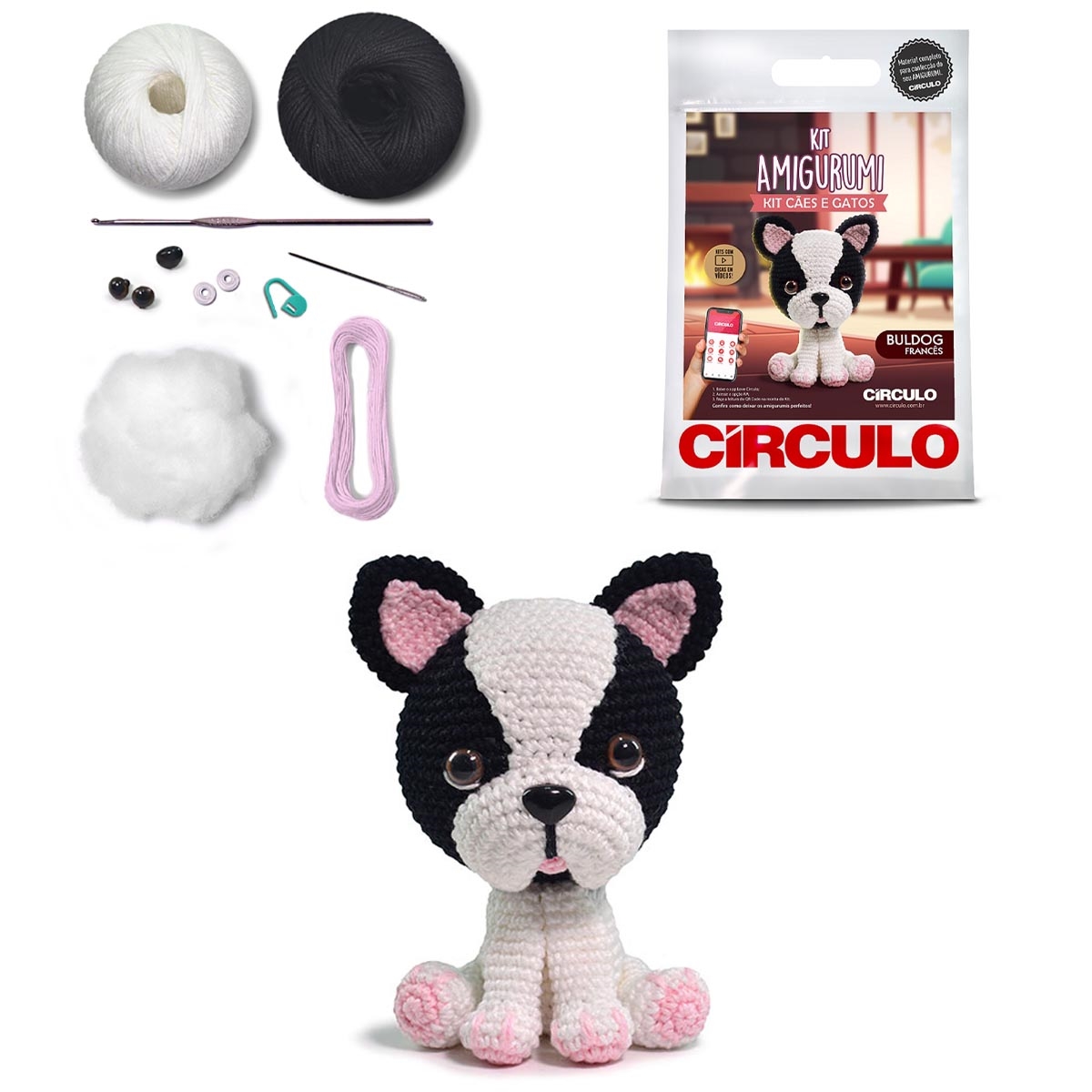 Kit Amigurumi Círculo - Coleção Cães e Gatos-  02 (Buldog)