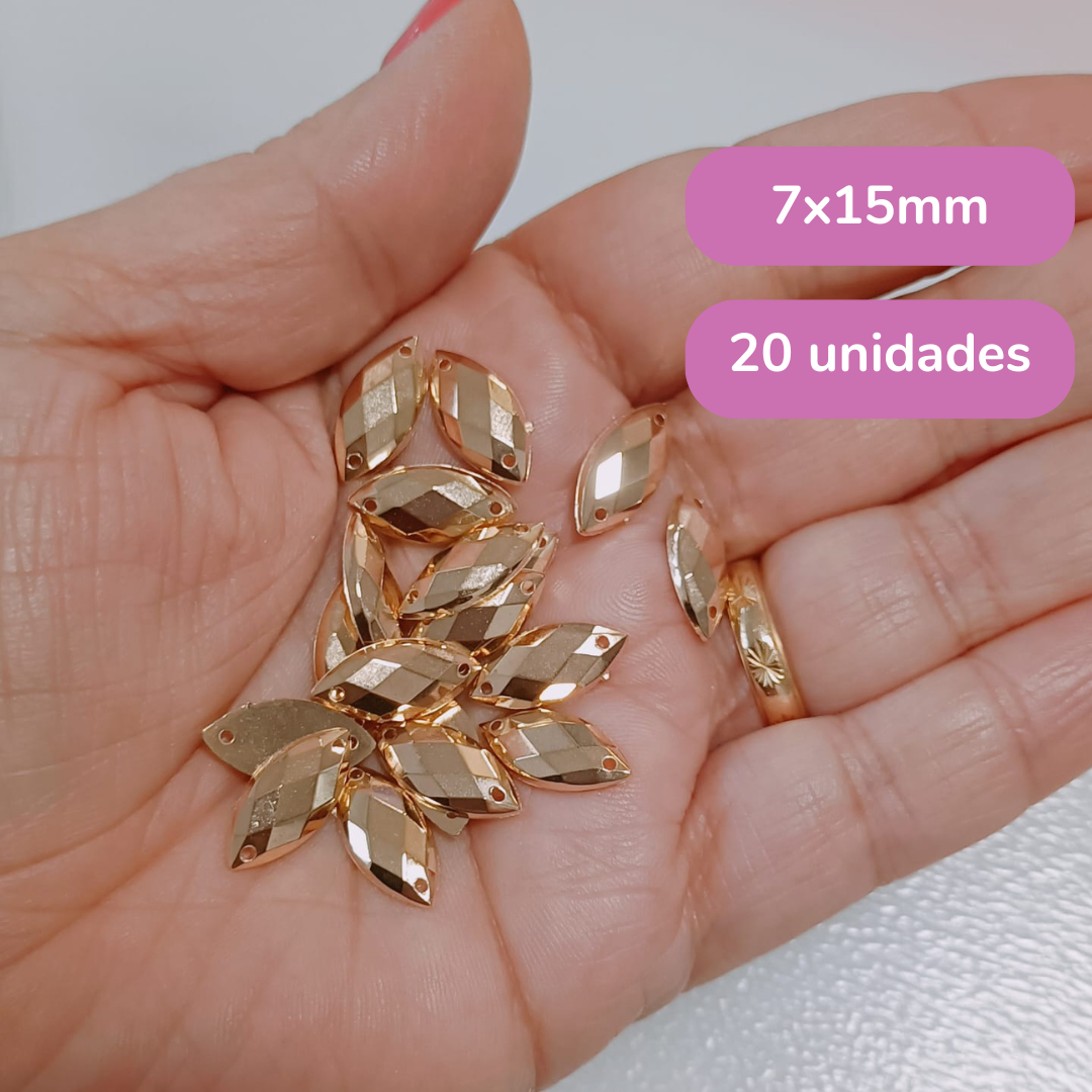 Aplique Strass de Cristal - Formato de Olho de Cavalo (7x15mm) - Dourado
