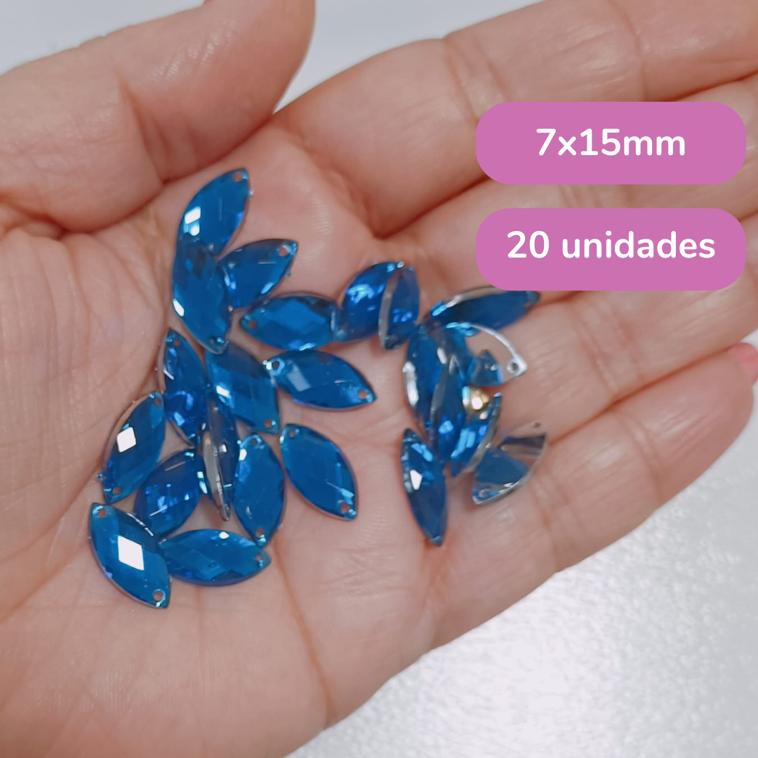 Aplique Strass de Cristal - Formato de Olho de Cavalo (7x15mm) - Azul