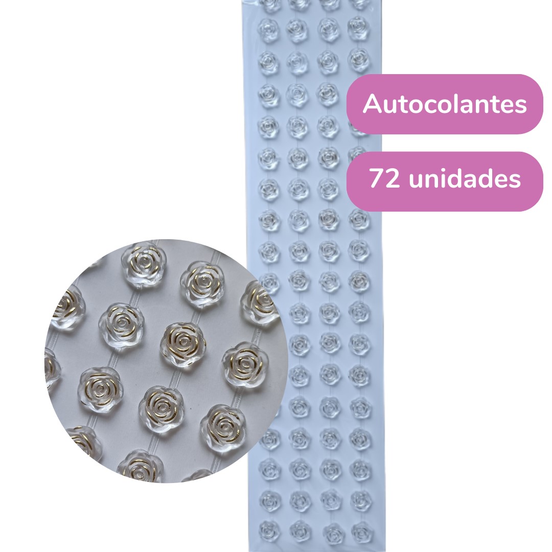 Cartela de Adesivos Mini Rosa Transparente com Fio Dourado (10mm)