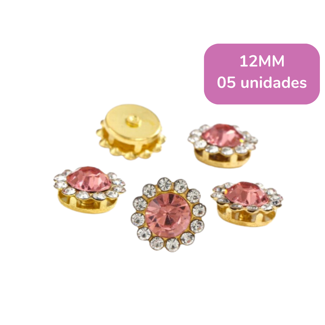 Aplique de Flor com Strass - Rosa (1,2cm ) - 5 unidades