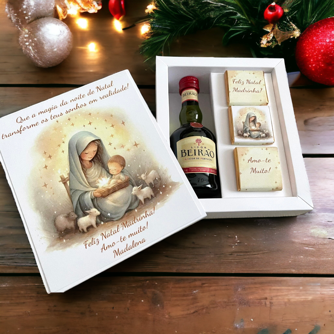 Caixa com Licor miniatura e chocolates.