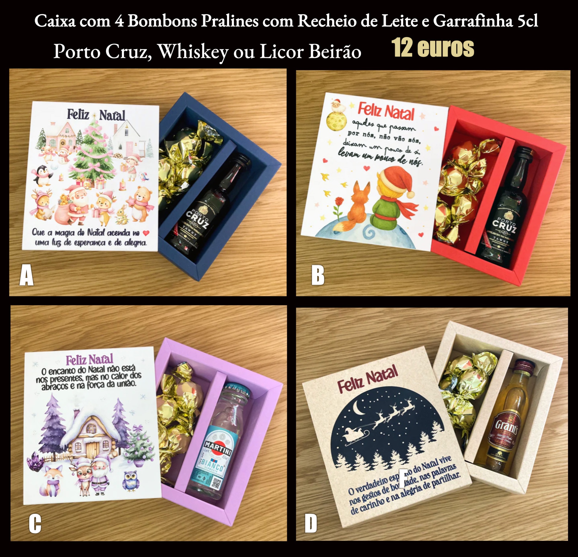 Caixa com 4 Bombons Pralines com Recheio de Leite e Garrafinha 5cl