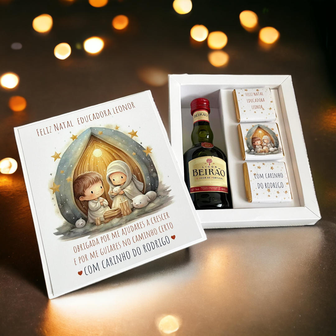 Caixa com Licor miniatura e chocolates.