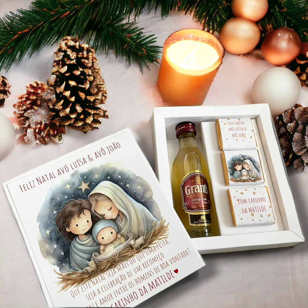 Caixa com Licor miniatura e chocolates.