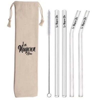 Bolsa com 4 palhinhas de vidro e escovilhão