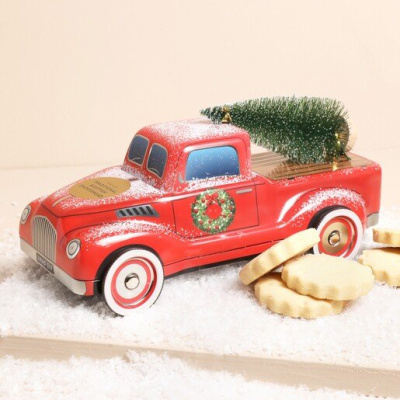 Caixa metal carrinha com árvore Natal