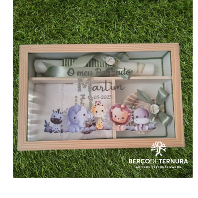 Caixa batismo personalizada tampa em vidro - Animais da Selva