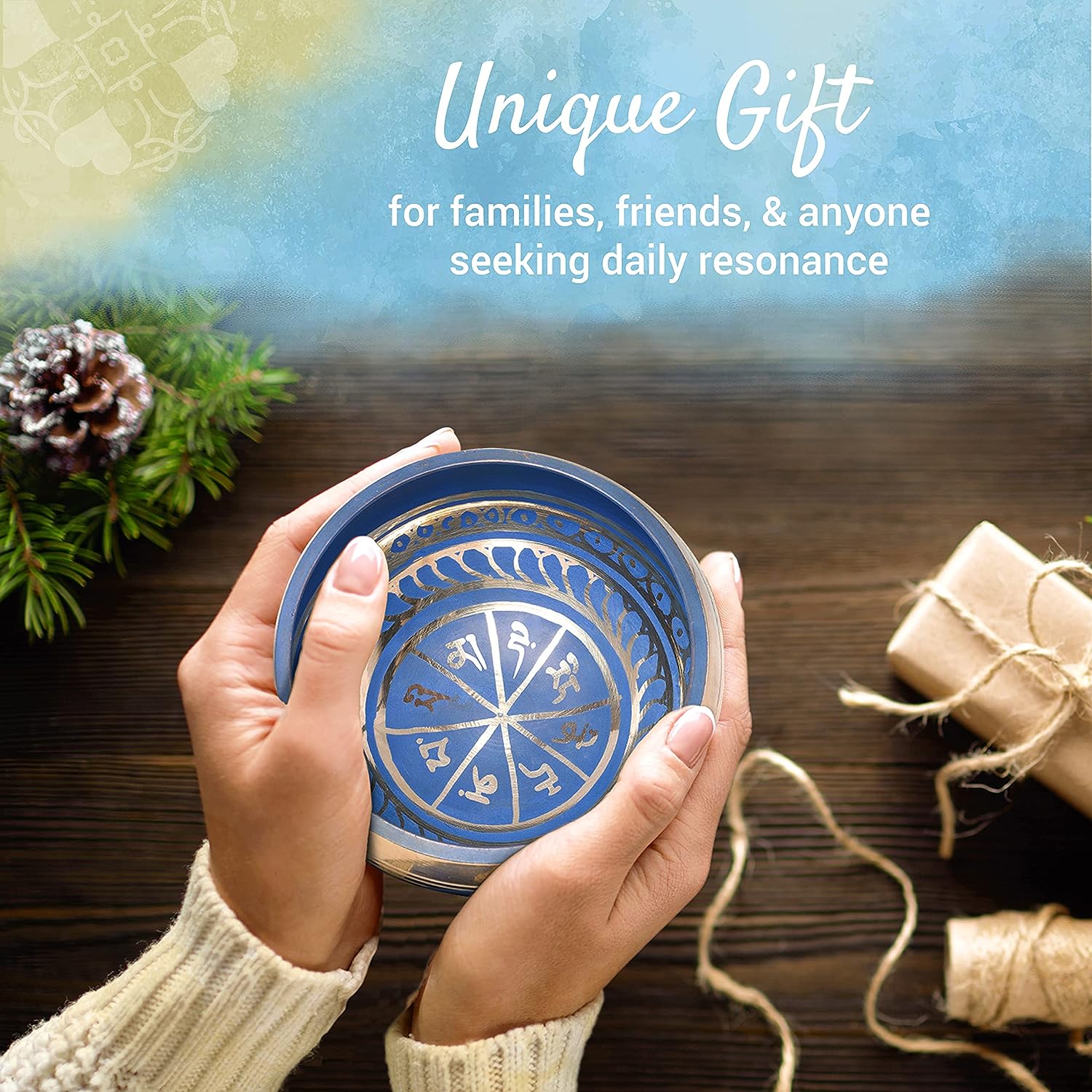 Taça Tibetana, com design em azul, com bastão e almofada em seda