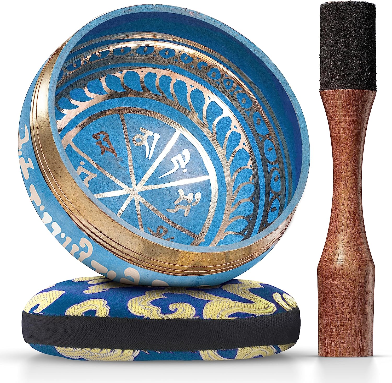 Taça Tibetana, com design em azul, com bastão e almofada em seda