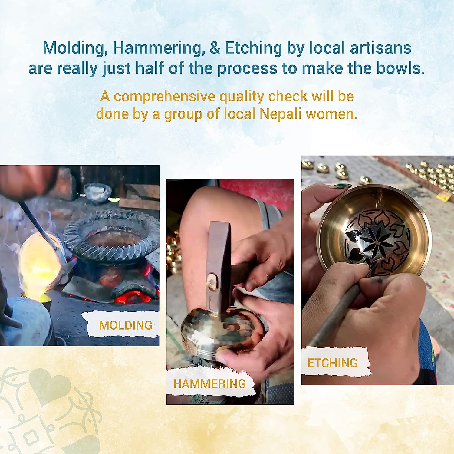 Taça Tibetana, com design em azul, com bastão e almofada em seda