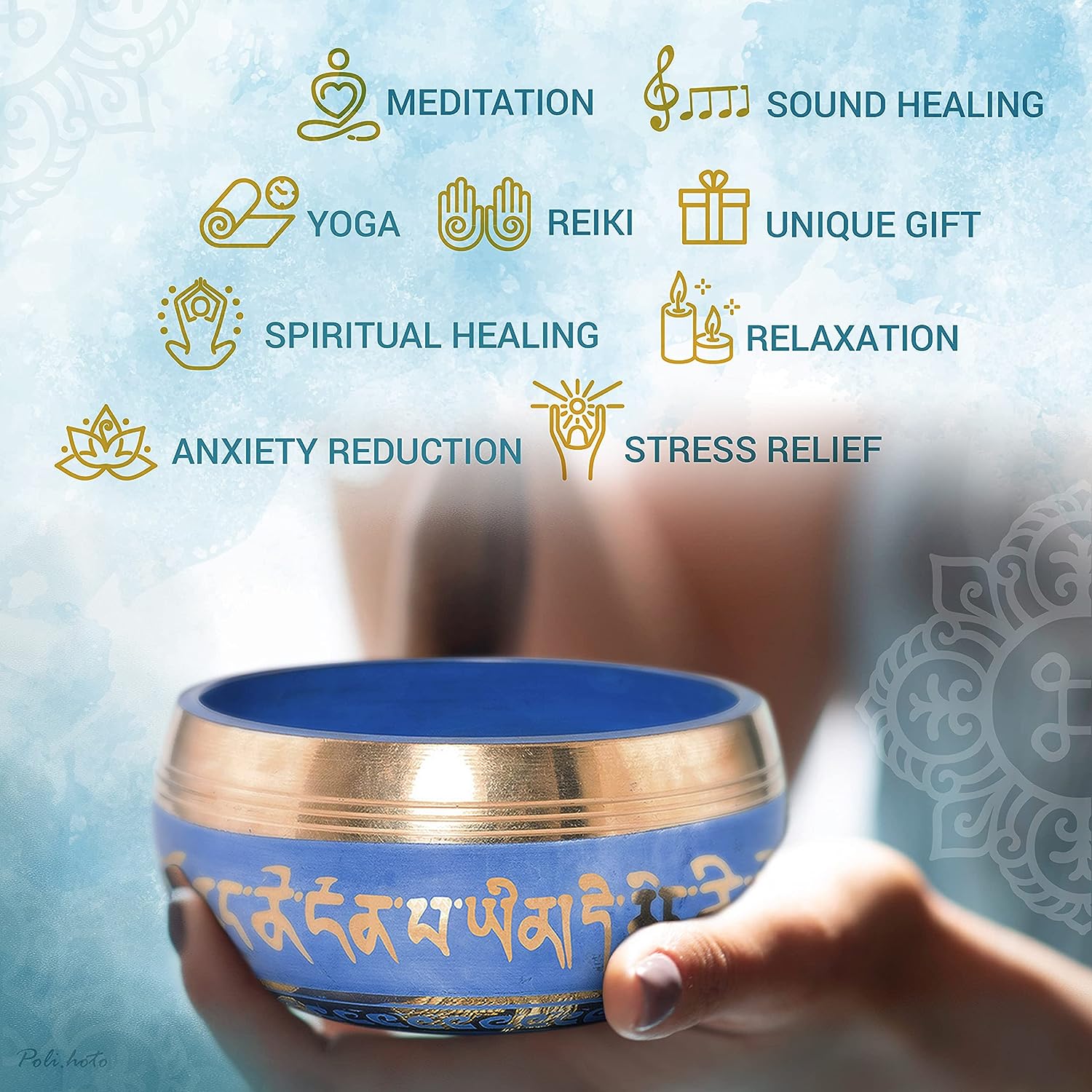 Taça Tibetana, com design em azul, com bastão e almofada em seda