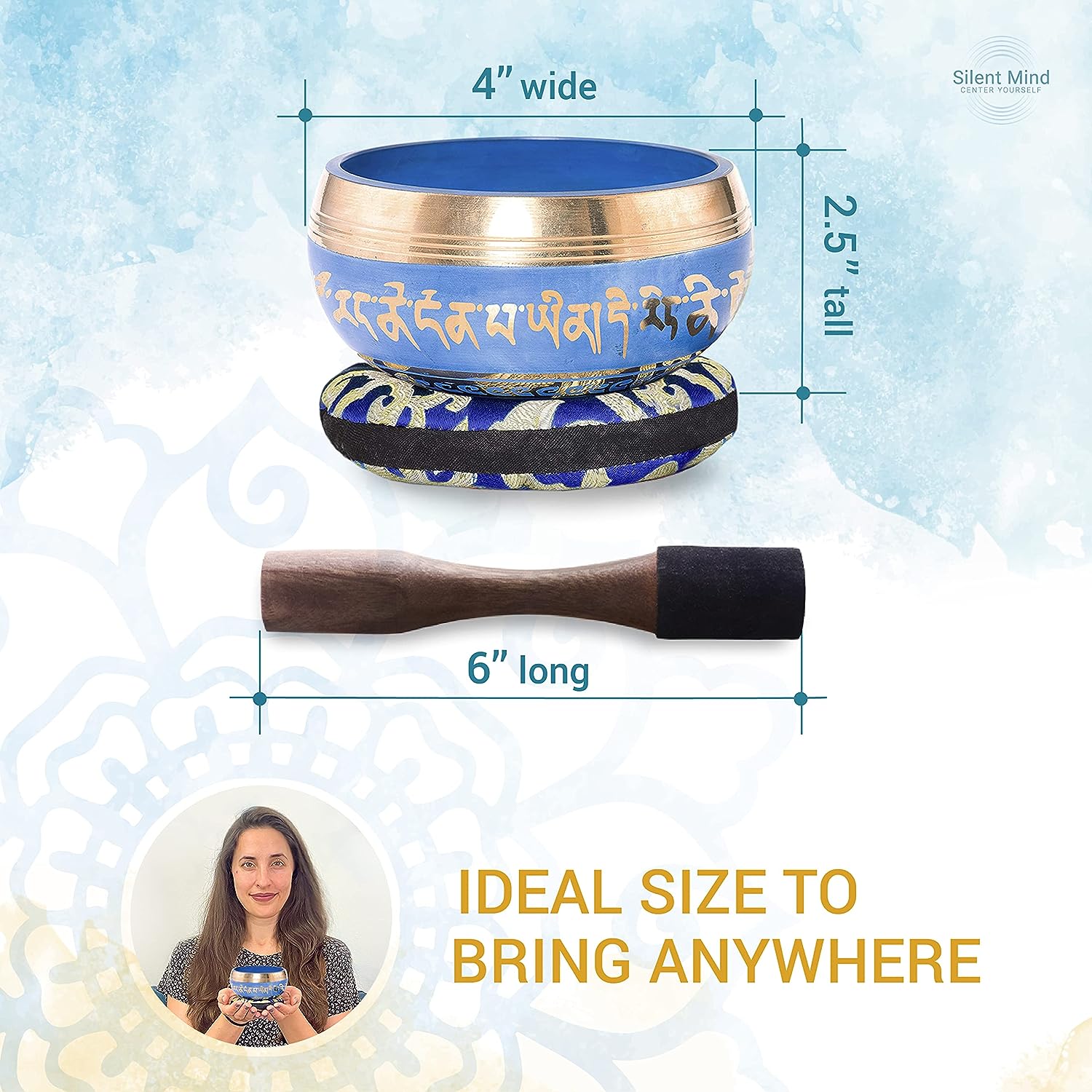 Taça Tibetana, com design em azul, com bastão e almofada em seda