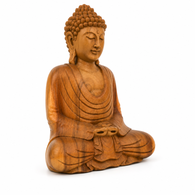 Estátua de Buddha em Madeira Talhada à Mão – 30 cm
