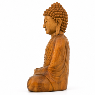 Estátua de Buddha em Madeira Talhada à Mão – 30 cm