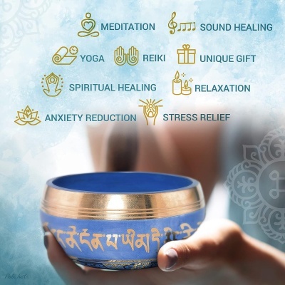 Taça Tibetana, com design em azul, com bastão e almofada em seda