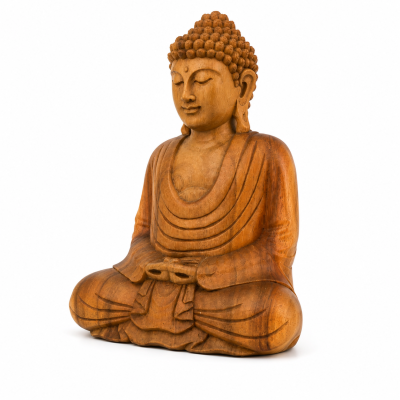 Estátua de Buddha em Madeira Talhada à Mão – 30 cm