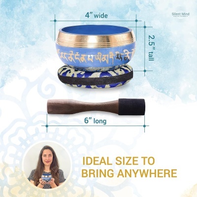 Taça Tibetana, com design em azul, com bastão e almofada em seda