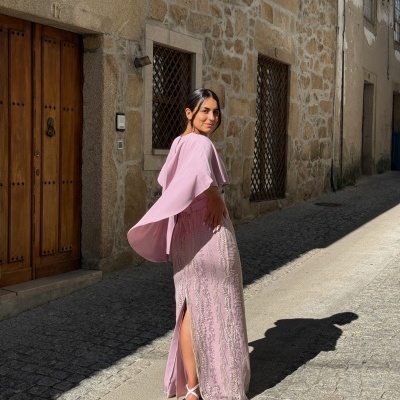 Vestido longo Bordado com capa Moncho Heredia