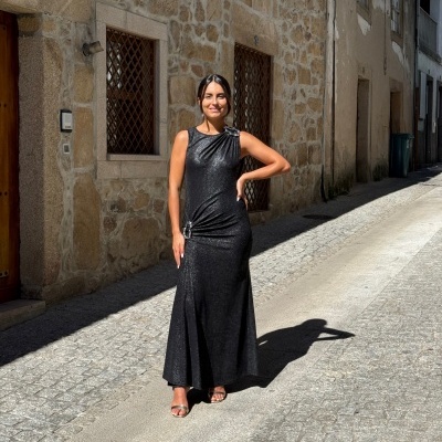 Vestido Longo Aplicações Prata Sahoco