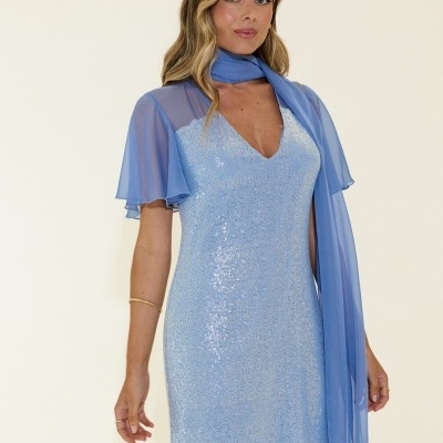 Vestido curto com lantejoulas e lenço Scripta