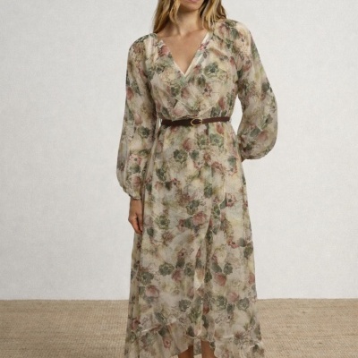 Vestido comprido com flores e cinto SMF