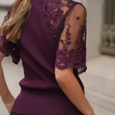 Camisola de Malha com Mangas em Renda Bordada Spaccio