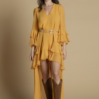 Vestido assimétrico com folhos Sahoco