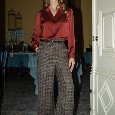 Culotte xadrez em tweed com cinto Ferrache