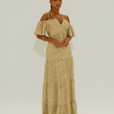 Vestido comprido estampado com elástico na cinta Scripta