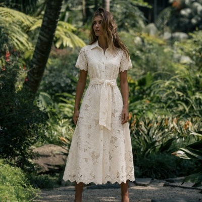 Vestido midi em renda com cinto Ferrache